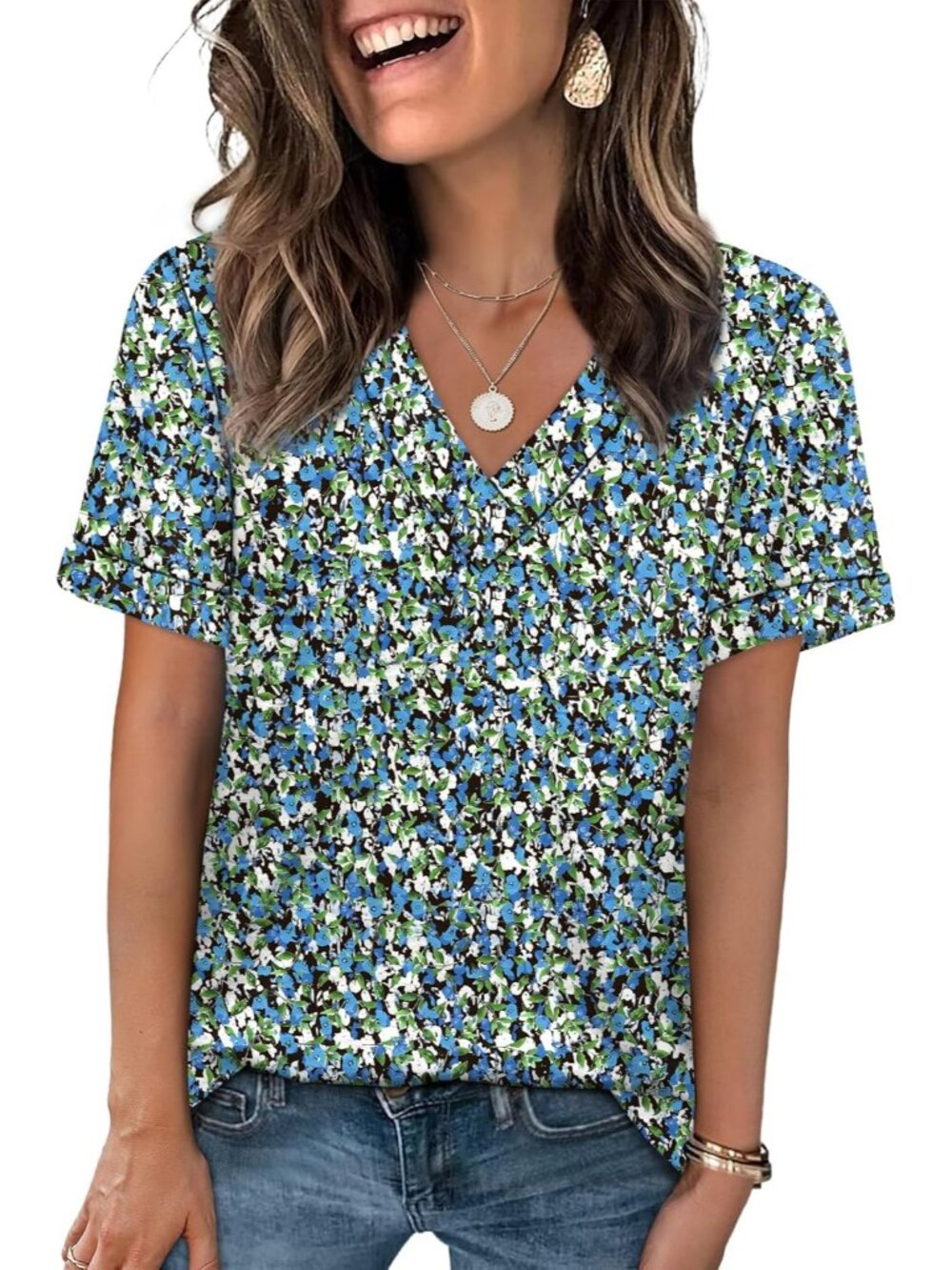 🆕Women's Multi Floral Tops Short Sleeve Basic Casual V Neck T Shirts Trendy